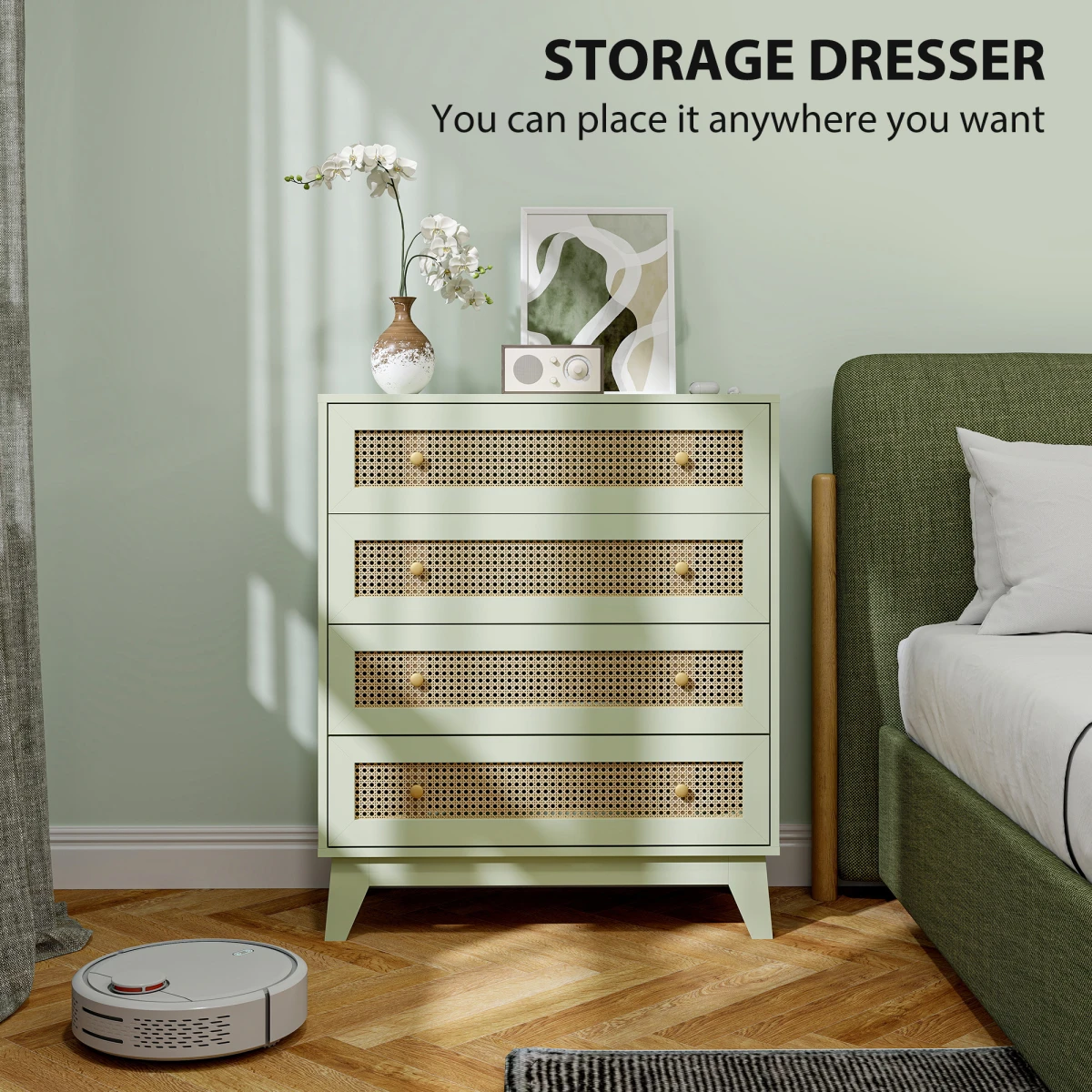 HOMCOM Chest Of Drawers 4 Drawer Rattan Panel Wood Effect Bedroom Storage Organiser by HOMCOM