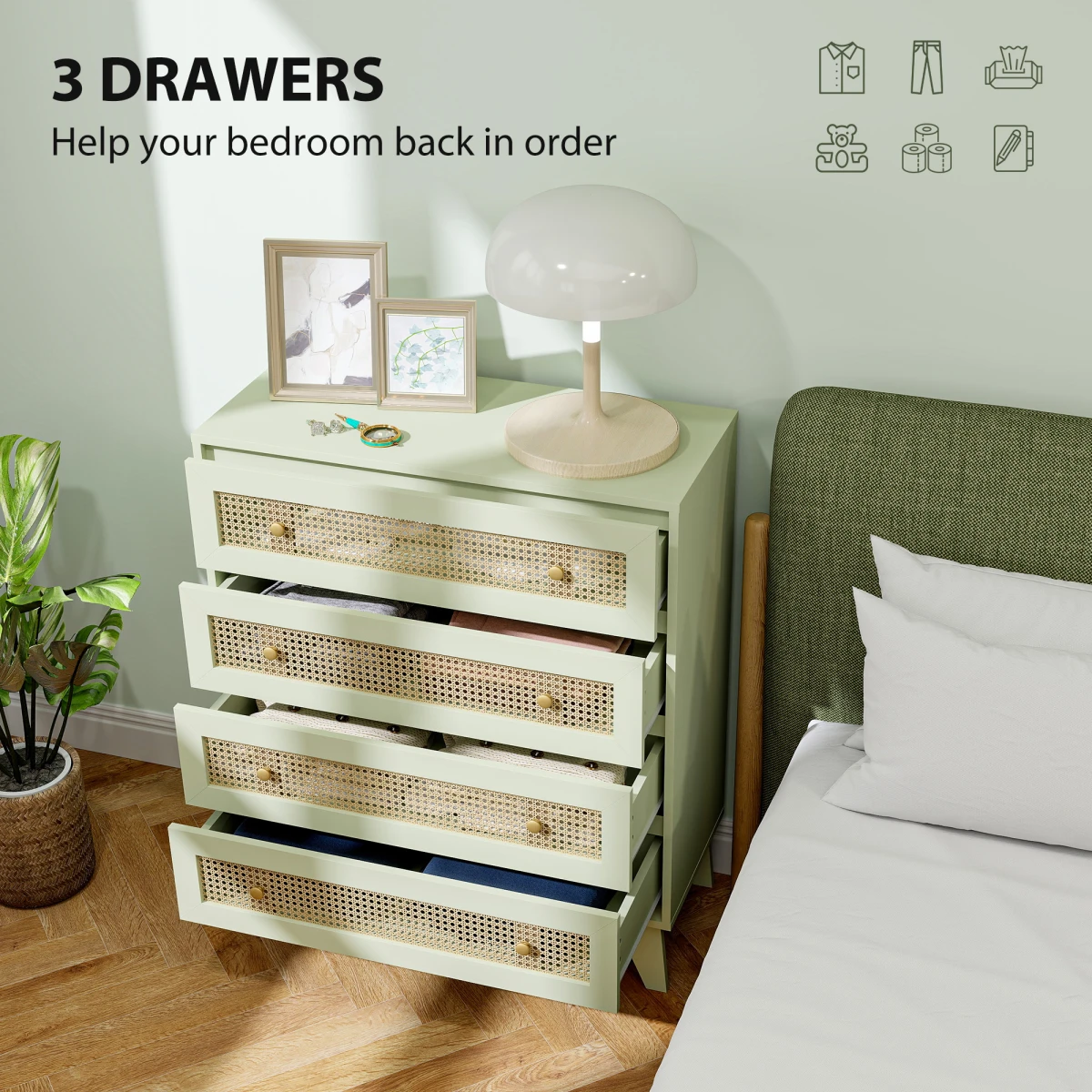 HOMCOM Chest Of Drawers 4 Drawer Rattan Panel Wood Effect Bedroom Storage Organiser by HOMCOM