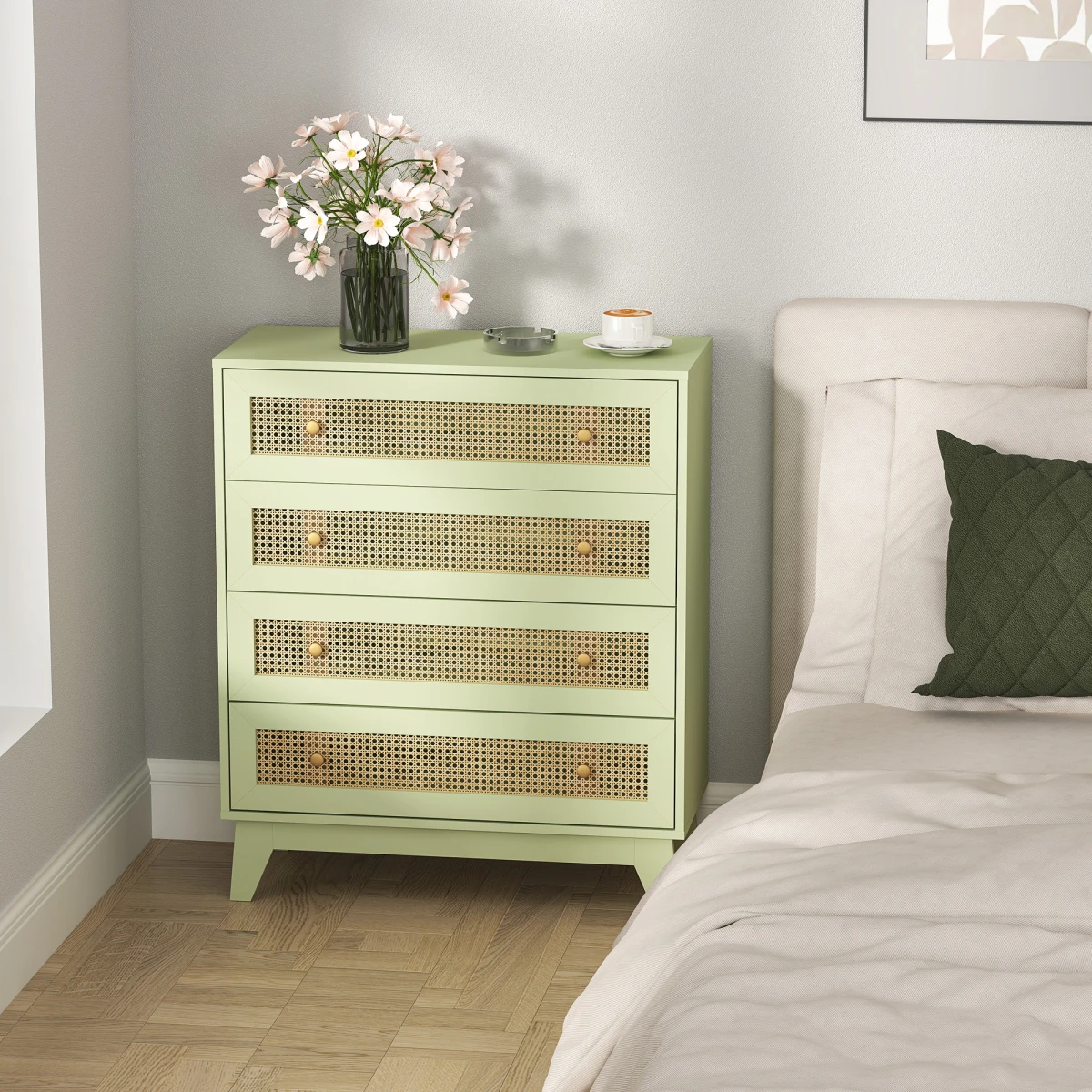 HOMCOM Chest Of Drawers 4 Drawer Rattan Panel Wood Effect Bedroom Storage Organiser by HOMCOM