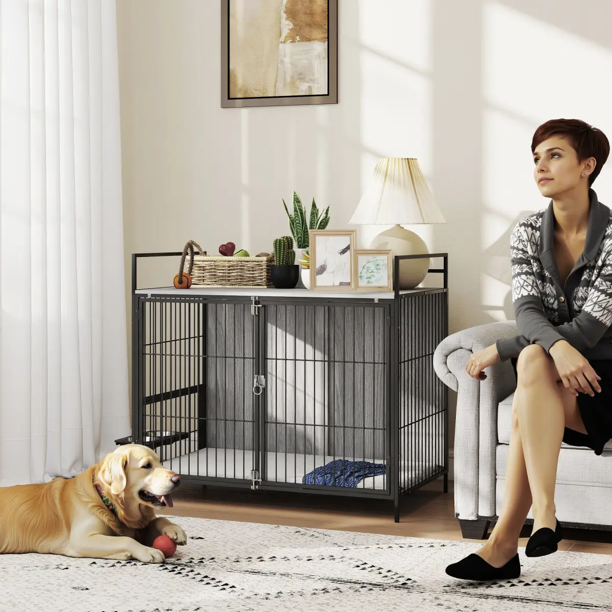 PawHut PawHut Dog Crate Furniture with Rotating Bowl Holder for Large Dogs - Dog Crate
