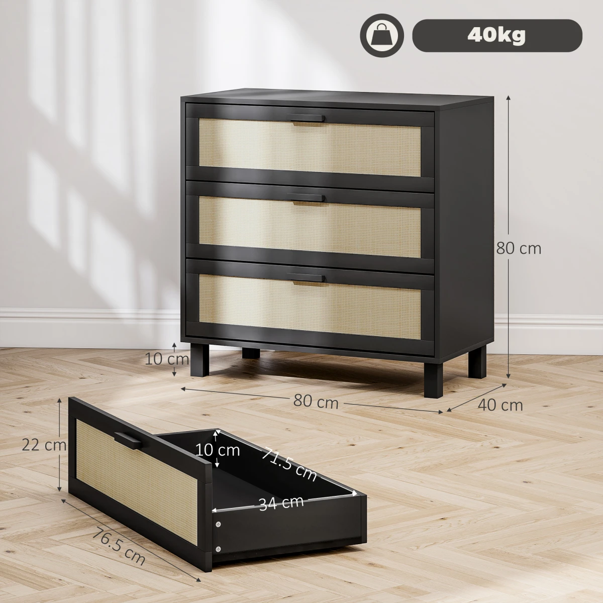 HOMCOM 3 Drawer Cabinet Compact Cane Front Panels For Bedroom Storage And Display by HOMCOM