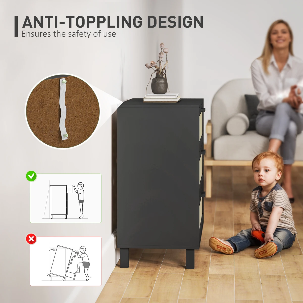 HOMCOM 3 Drawer Cabinet Compact Cane Front Panels For Bedroom Storage And Display by HOMCOM