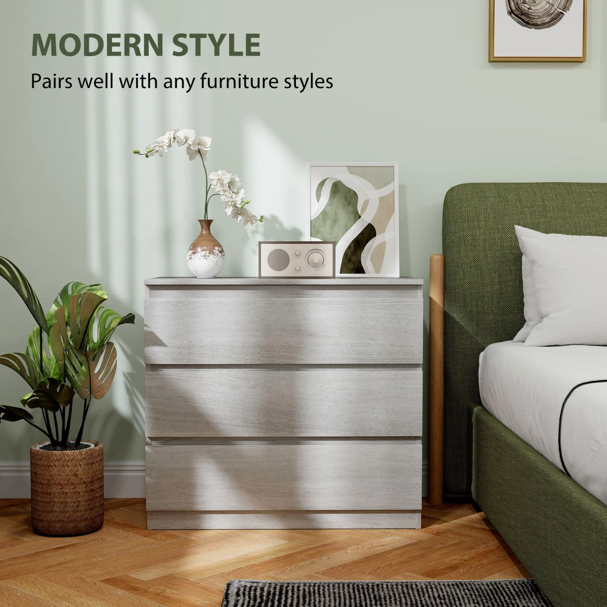 HOMCOM HOMCOM Chest Of Drawers Compact 3-Drawer Grey Wood Anti-Tip For Bedroom Storage And Display - Chest of Drawers