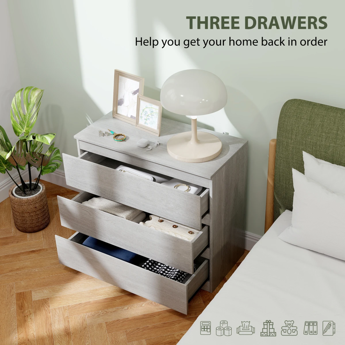 HOMCOM HOMCOM Chest Of Drawers Compact 3-Drawer Grey Wood Anti-Tip For Bedroom Storage And Display - Chest of Drawers