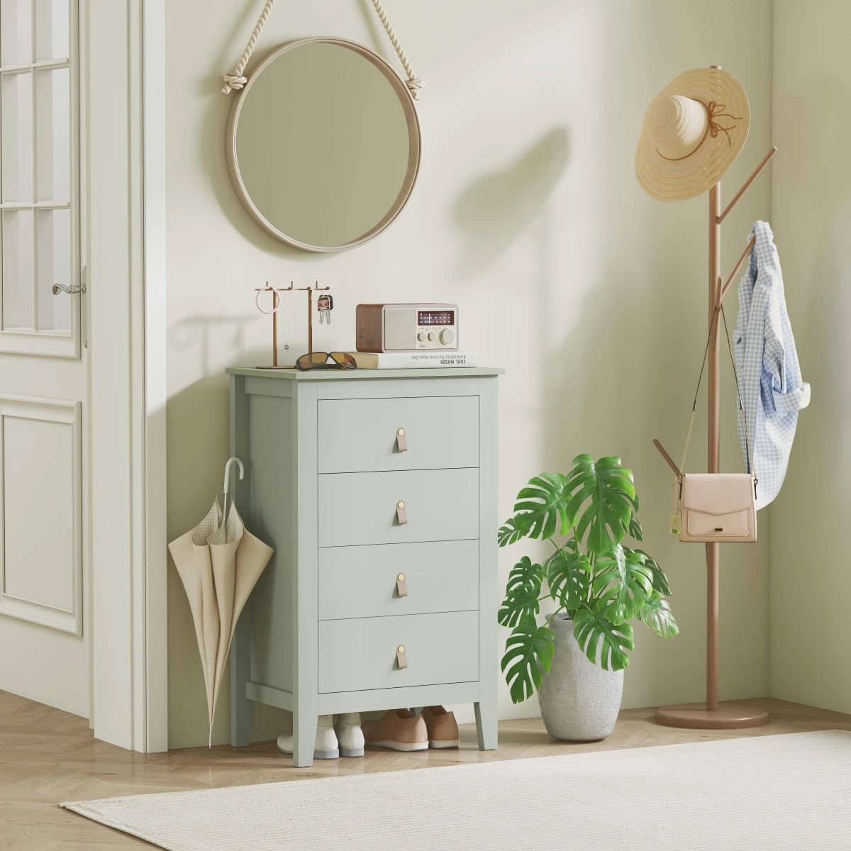 HOMCOM HOMCOM 4 Drawer Dresser White Standard Size Leather Handles Silent Runners For Bedroom Storage - Chest of Drawers