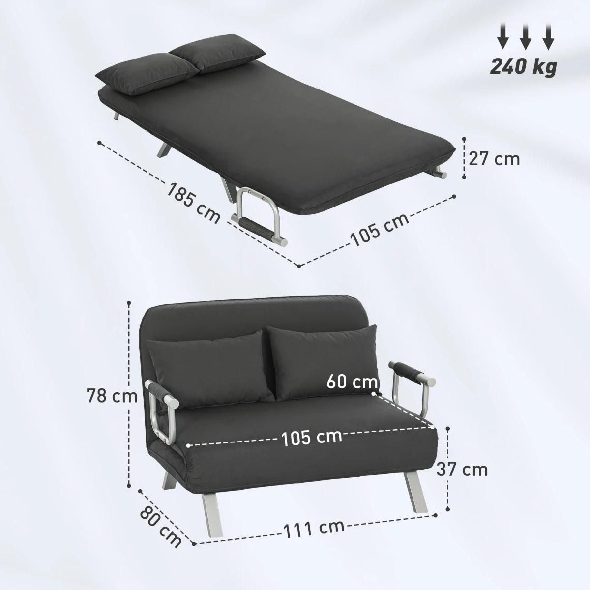 HOMCOM Homcom Fabric Sofa Bed 2Seater Five Position Back Home Use - Sofa
