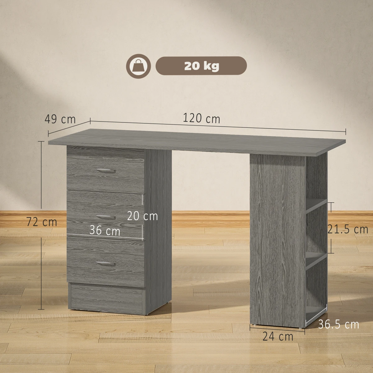 HOMCOM HOMCOM Computer Desk 120cm 3 Drawers Home Office - Desk