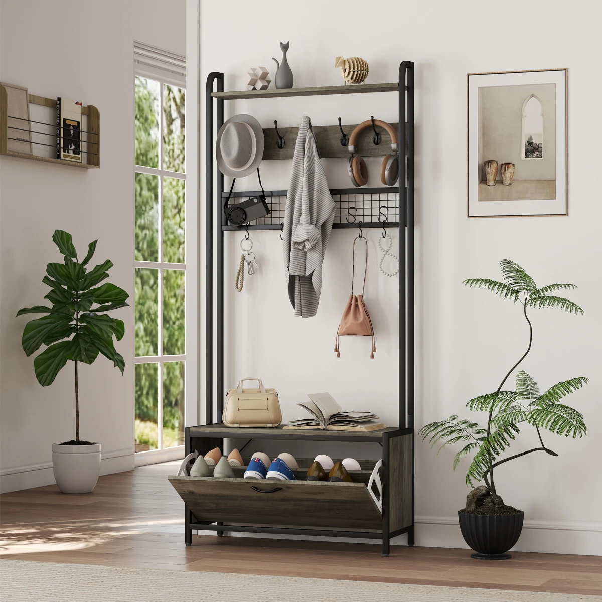 HOMCOM HOMCOM Industrial Hall Tree Coat Rack With Shoe Cabinet Grey Tall 5 In 1 Organizer For Hallways - Wardrobe
