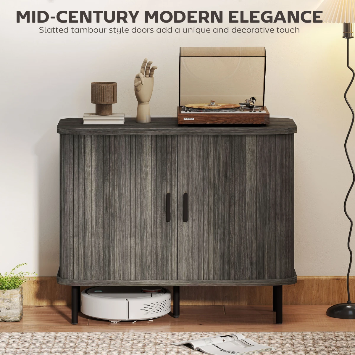 HOMCOM Sideboard Storage Cabinet Grey Slatted Tambour Sliding Doors Two Compartments Modern Rustic Living Room Console by HOMCOM