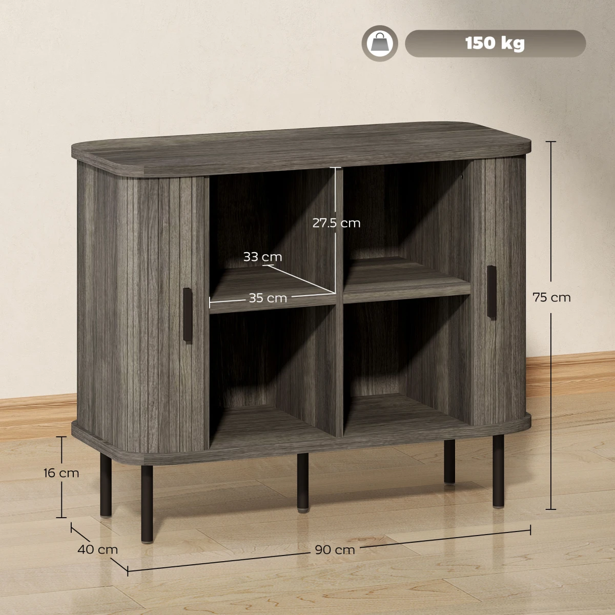 HOMCOM Sideboard Storage Cabinet Grey Slatted Tambour Sliding Doors Two Compartments Modern Rustic Living Room Console by HOMCOM