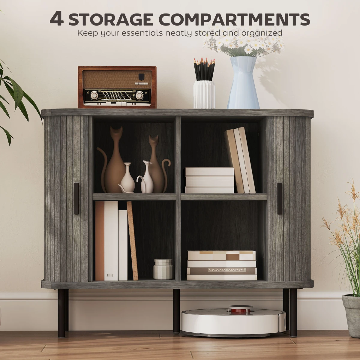 HOMCOM Sideboard Storage Cabinet Grey Slatted Tambour Sliding Doors Two Compartments Modern Rustic Living Room Console by HOMCOM