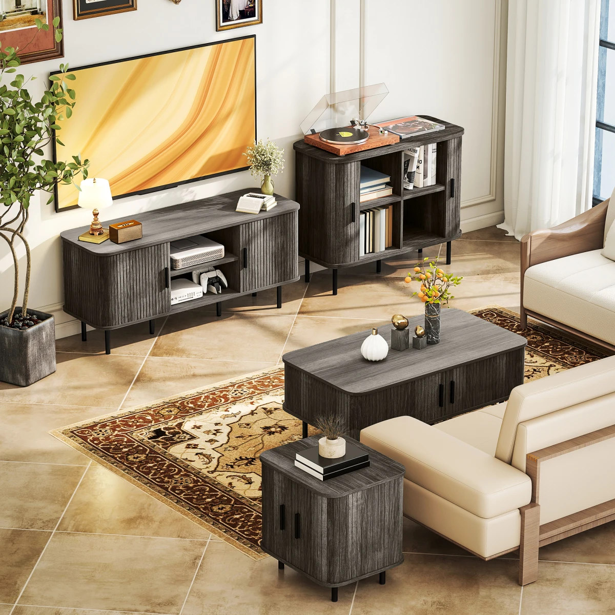 HOMCOM Sideboard Storage Cabinet Grey Slatted Tambour Sliding Doors Two Compartments Modern Rustic Living Room Console by HOMCOM