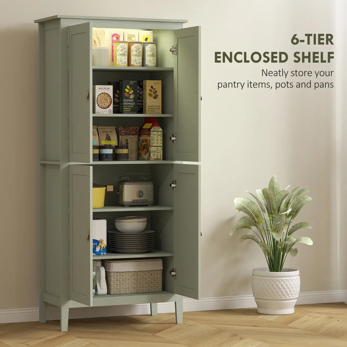 HOMCOM HOMCOM 176.5 cm Tall Freestanding Pantry Storage Cabinet with 4 Doors Green - Display Cabinet