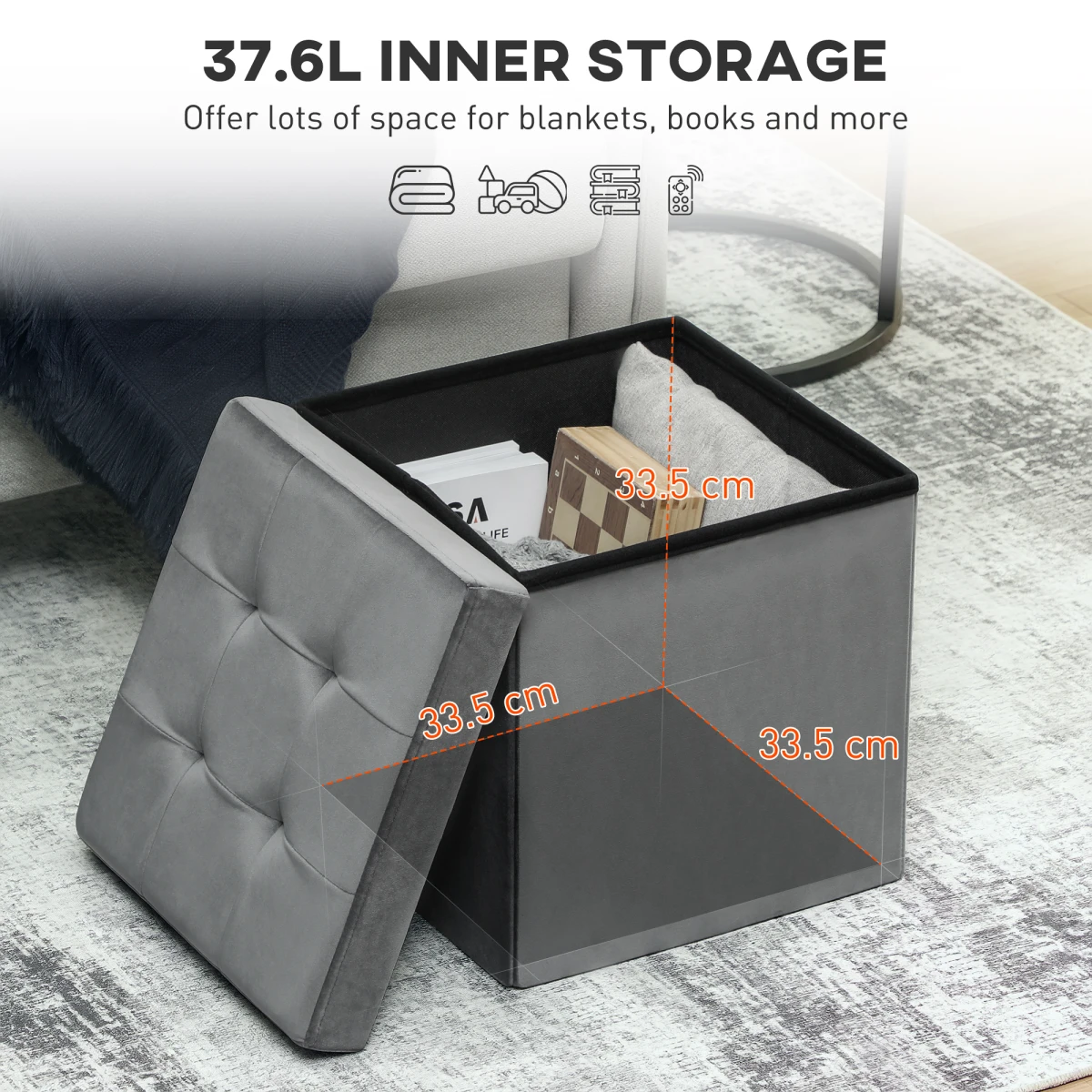 HOMCOM HOMCOM Foldable Velvet-Feel Storage Ottoman, 38 x 38 x 38 cm, Grey - Footstool