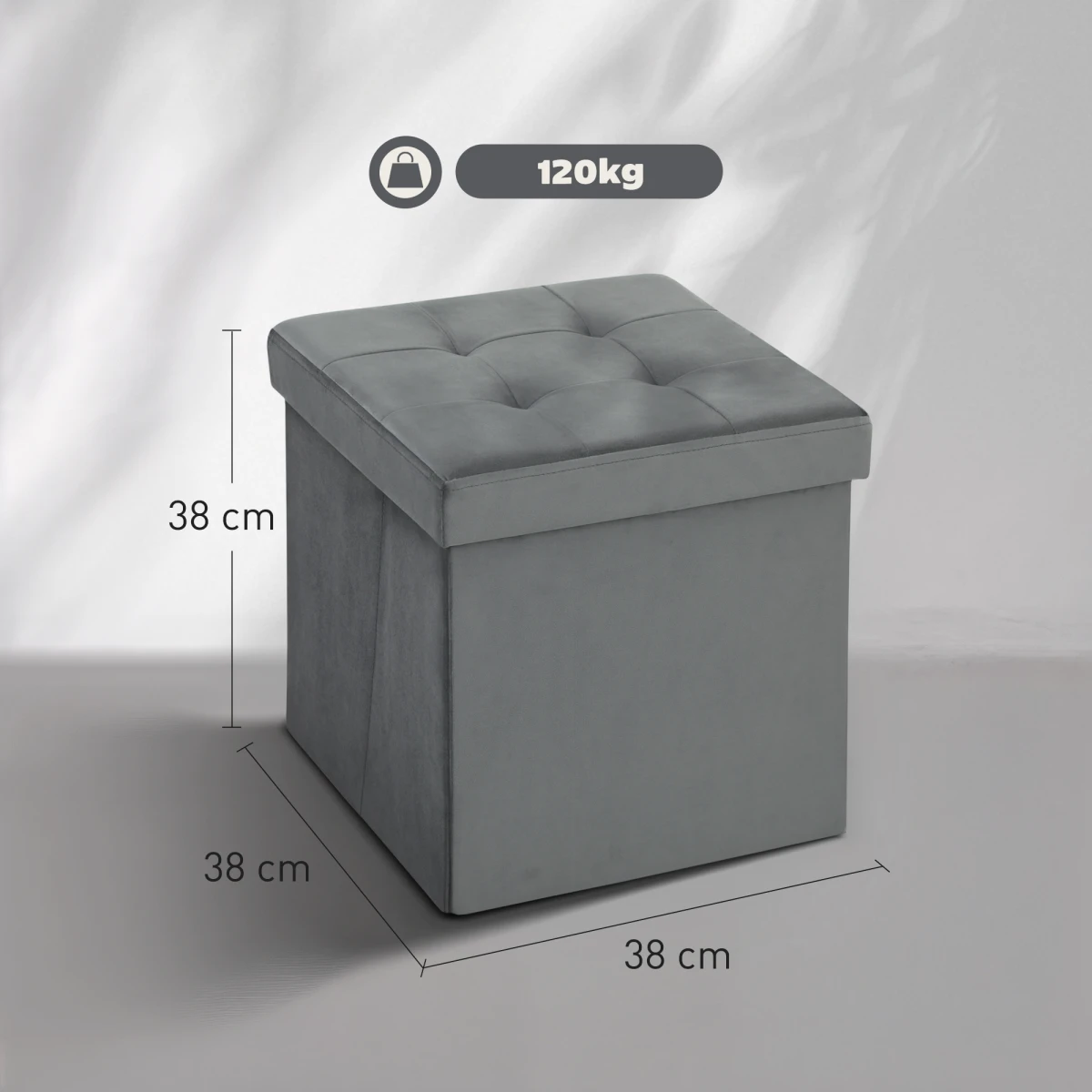HOMCOM HOMCOM Foldable Velvet-Feel Storage Ottoman, 38 x 38 x 38 cm, Grey - Footstool