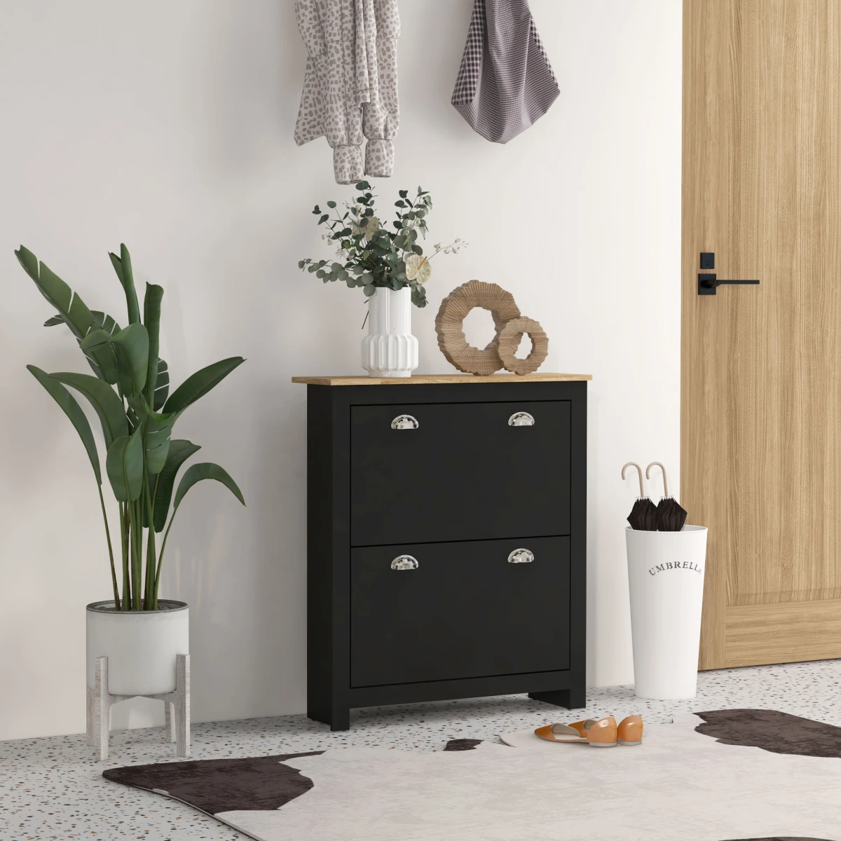 HOMCOM 2 Drawer Shoe Cabinet Narrow Shoe Cupboard with Flip Doors, Black by HOMCOM