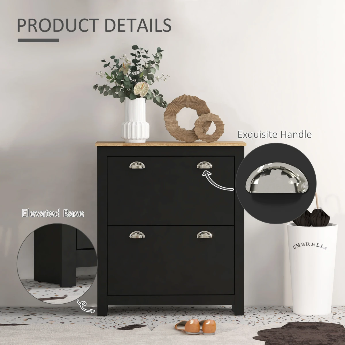 HOMCOM 2 Drawer Shoe Cabinet Narrow Shoe Cupboard with Flip Doors, Black by HOMCOM