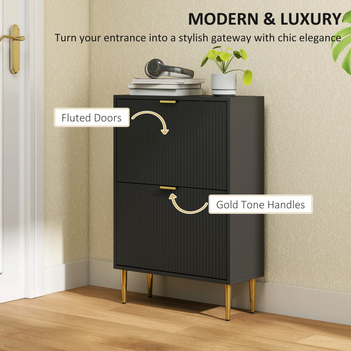 HOMCOM HOMCOM Slim Shoe Cabinet With Flip Drawers For Hallway Fluted Doors Gold Handles Holds 12 Pairs - Shoe Storage