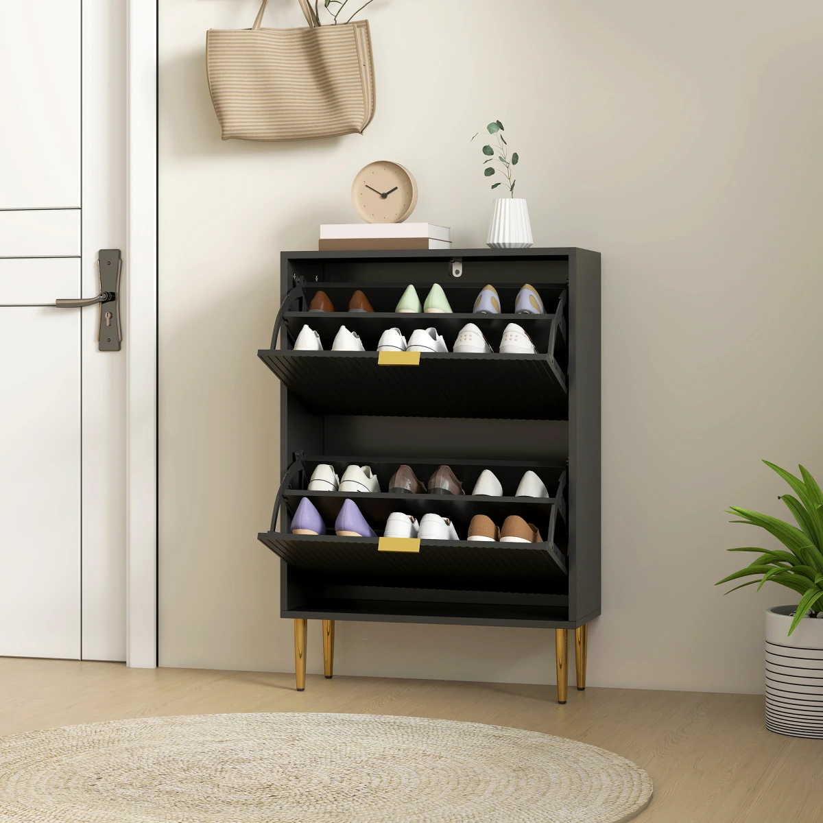 HOMCOM HOMCOM Slim Shoe Cabinet With Flip Drawers For Hallway Fluted Doors Gold Handles Holds 12 Pairs - Shoe Storage