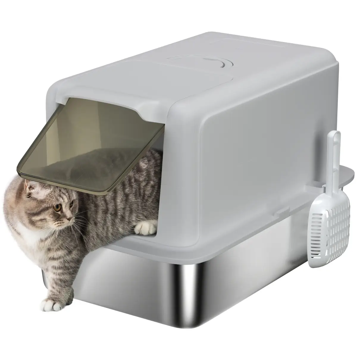 PawHut Stainless Steel Cat Litter Box with Removable Lid, Scoop - Cat Litter