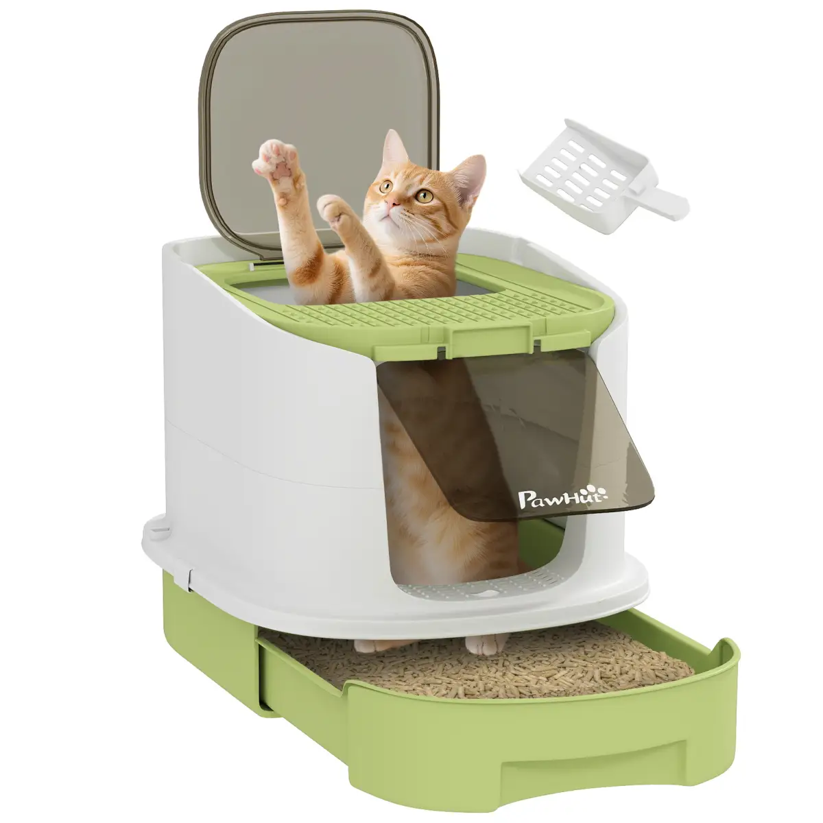 PawHut Cat Litter Box, Hooded Cat Litter Tray with Lid, Scoop - Cat Litter