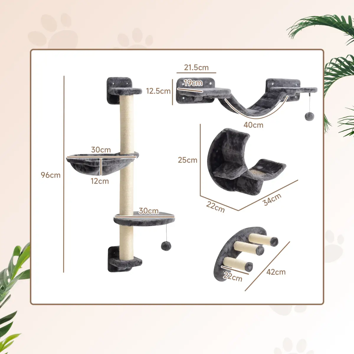 PawHut PawHut 4-Piece Cat Wall Furniture w/ Hammock, Ladder, Platforms - Cat Tree