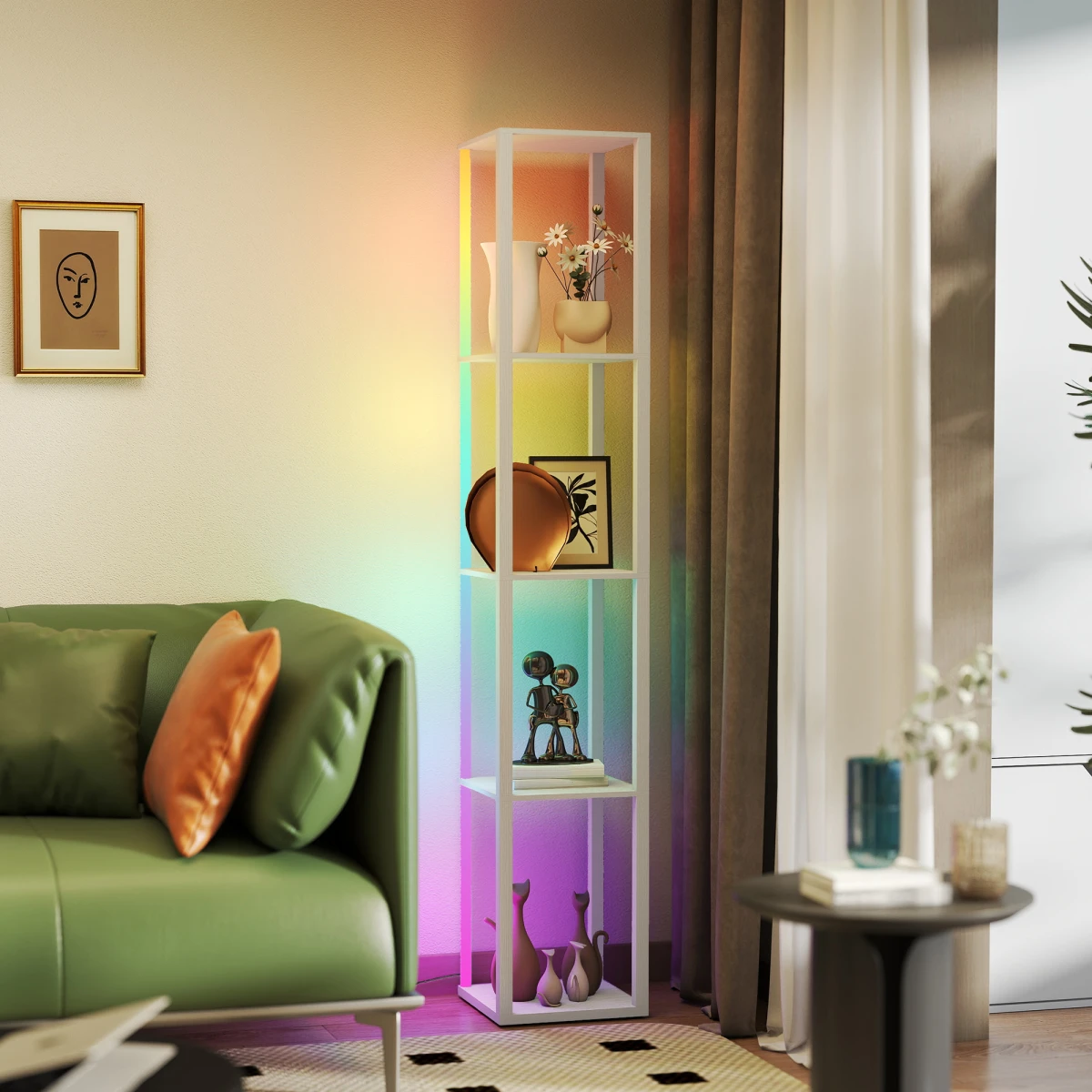 HOMCOM HOMCOM RGB LED Floor Lamp With Shelves 29L Remote Control Oak Finish Bedroom Decor - Lamp