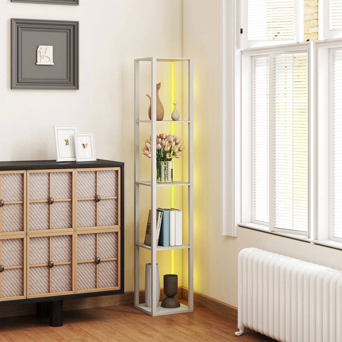 HOMCOM RGB LED Floor Lamp With Shelves 29L Remote Control Oak Finish Bedroom Decor by HOMCOM