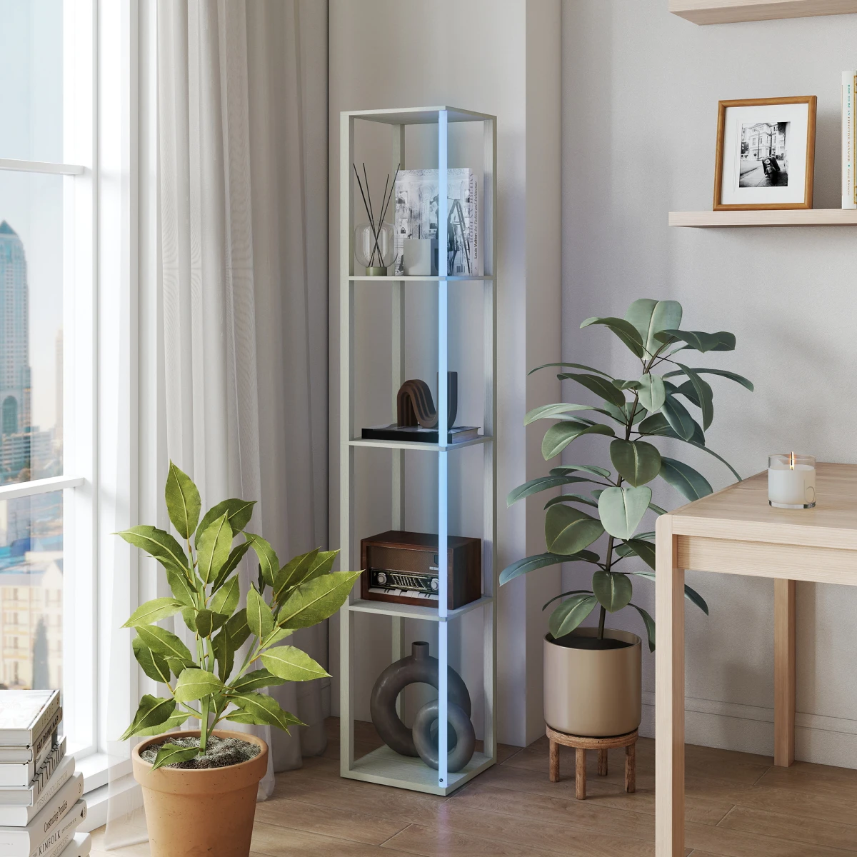 HOMCOM RGB LED Floor Lamp With Shelves 29L Remote Control Oak Finish Bedroom Decor by HOMCOM