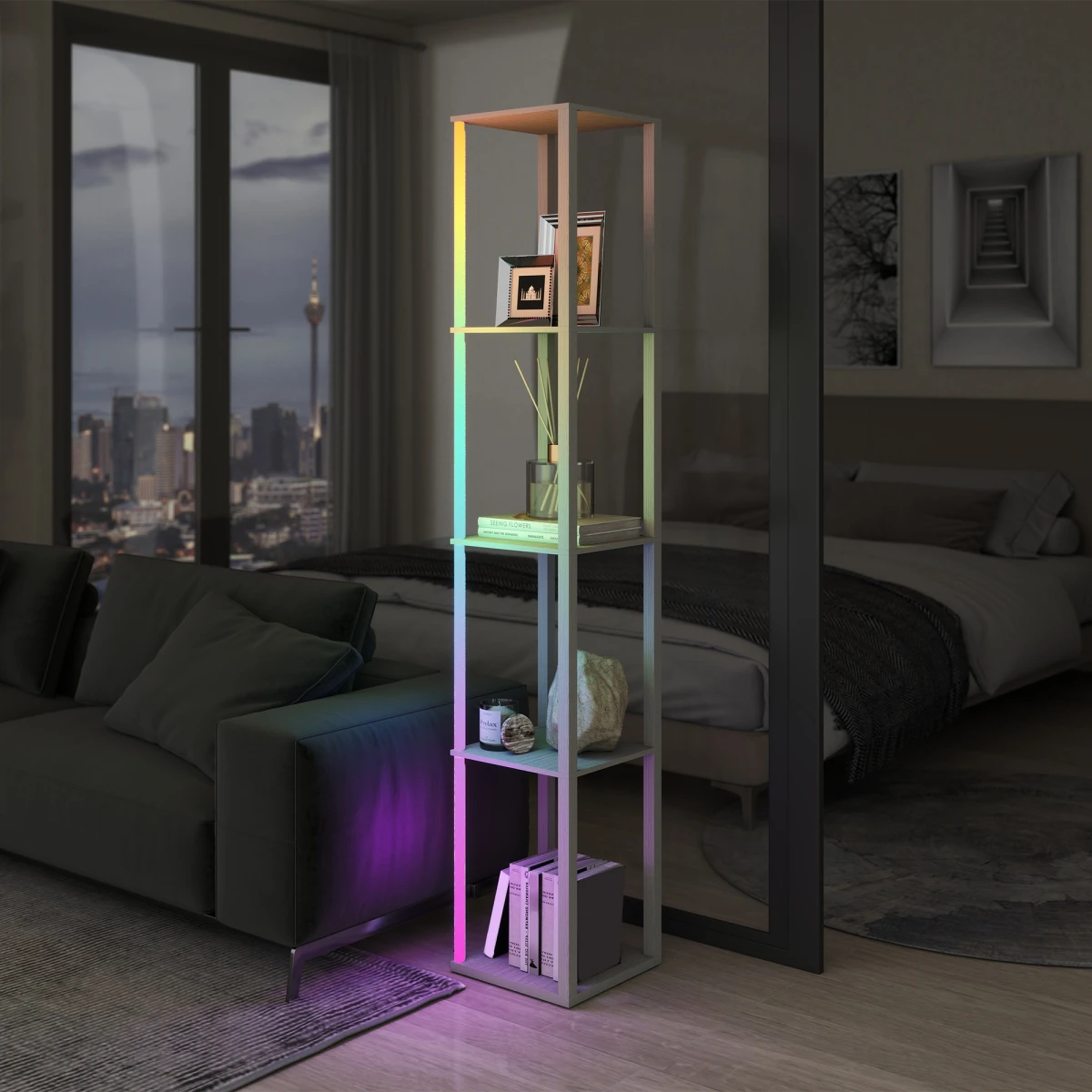HOMCOM RGB LED Floor Lamp With Shelves 29L Remote Control Oak Finish Bedroom Decor by HOMCOM