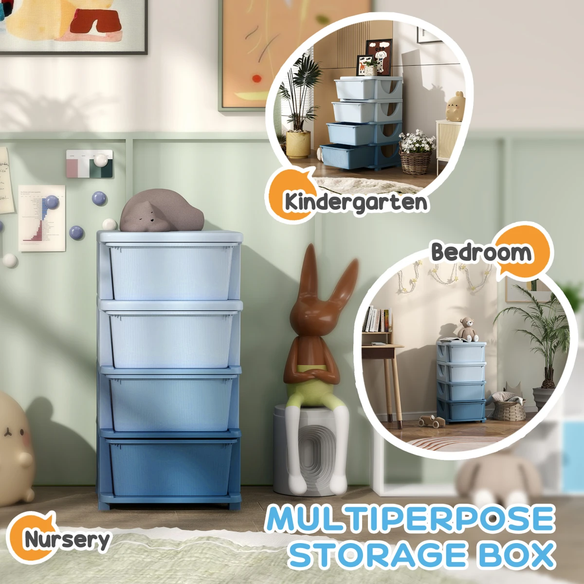HOMCOM Kids Storage Tower 4 Tier Dresser With Removable Drawers And Safe Rounded Edges Blue by HOMCOM