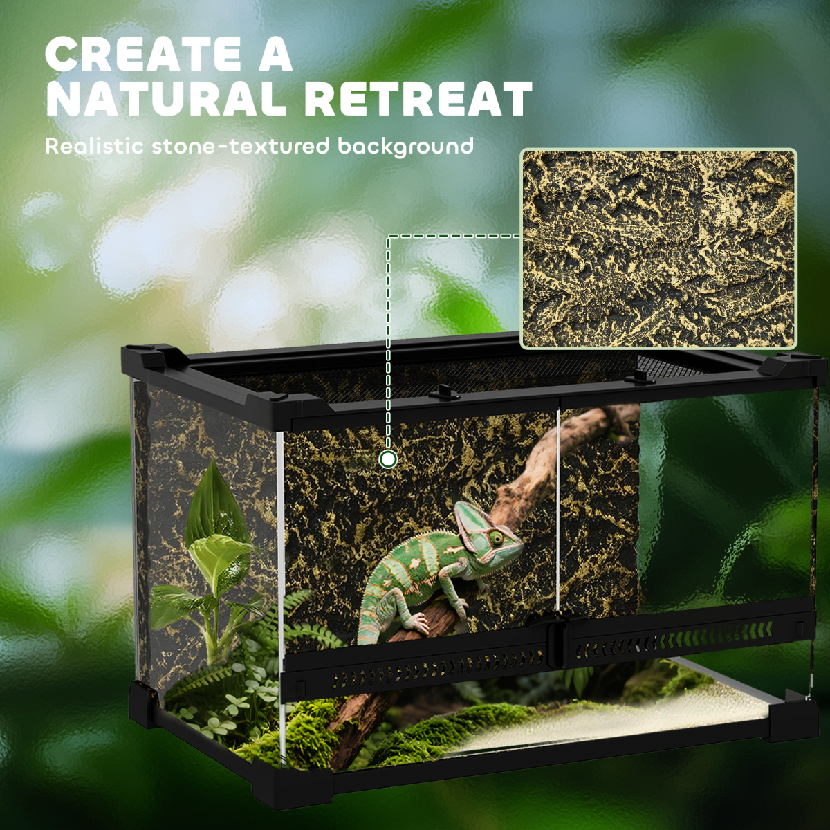 PawHut 10L Glass Terrarium, Reptile Vivarium with Stone Background - from PawHut