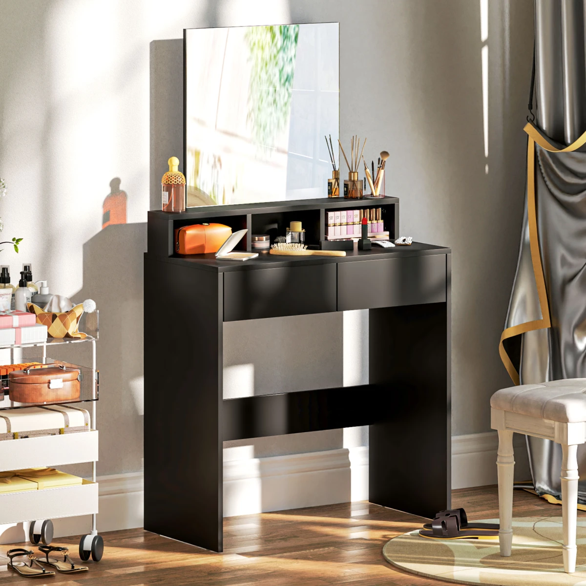 HOMCOM HOMCOM Dressing Table With Mirror 50x49 cm Compact Vanity With 3 Shelves 2 Drawers For Small Spaces - Bedside Table