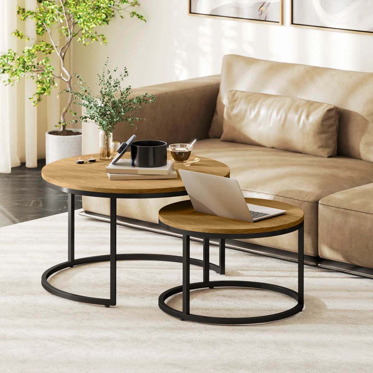 HOMCOM Wood Effect Stackable Coffee Tables Set Small Large With Round Tops And Steel Frame For Living Room - Coffee Table