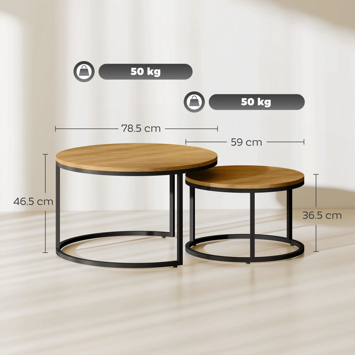 HOMCOM Wood Effect Stackable Coffee Tables Set Small Large With Round Tops And Steel Frame For Living Room - Coffee Table