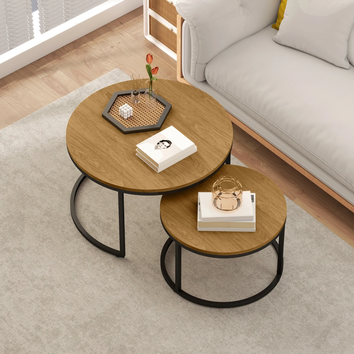 HOMCOM Wood Effect Stackable Coffee Tables Set Small Large With Round Tops And Steel Frame For Living Room by HOMCOM