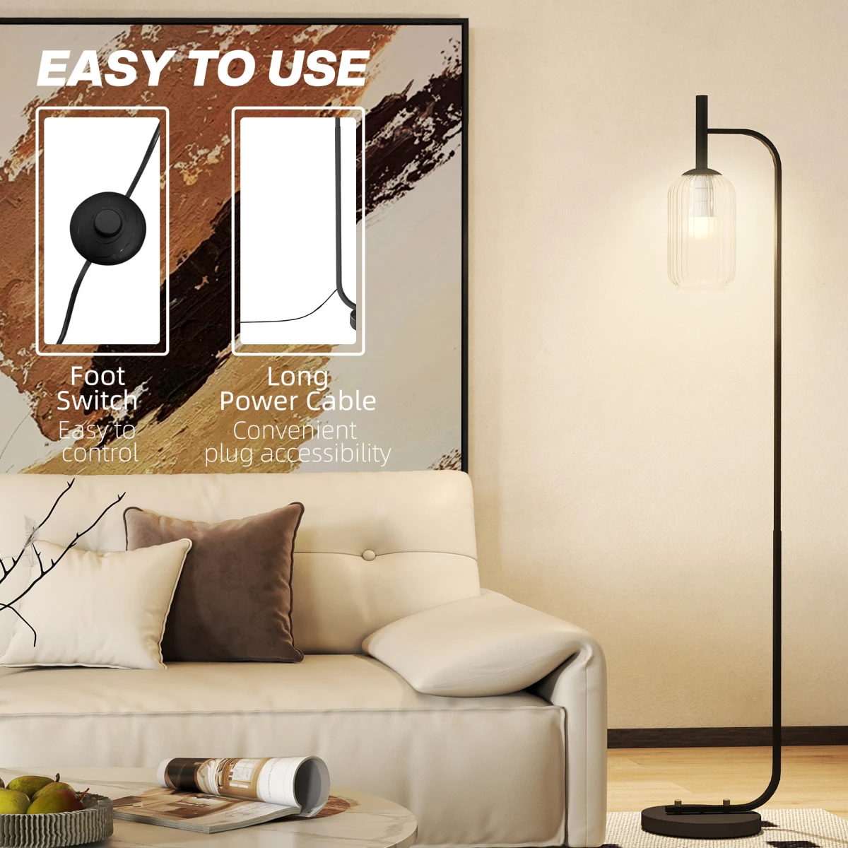 HOMCOM Tall Floor Lamp With Glass Lampshade And Foot Switch E27 LED Compatible For Living Room by HOMCOM
