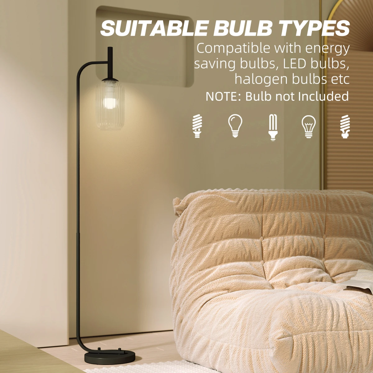 HOMCOM Tall Floor Lamp With Glass Lampshade And Foot Switch E27 LED Compatible For Living Room by HOMCOM
