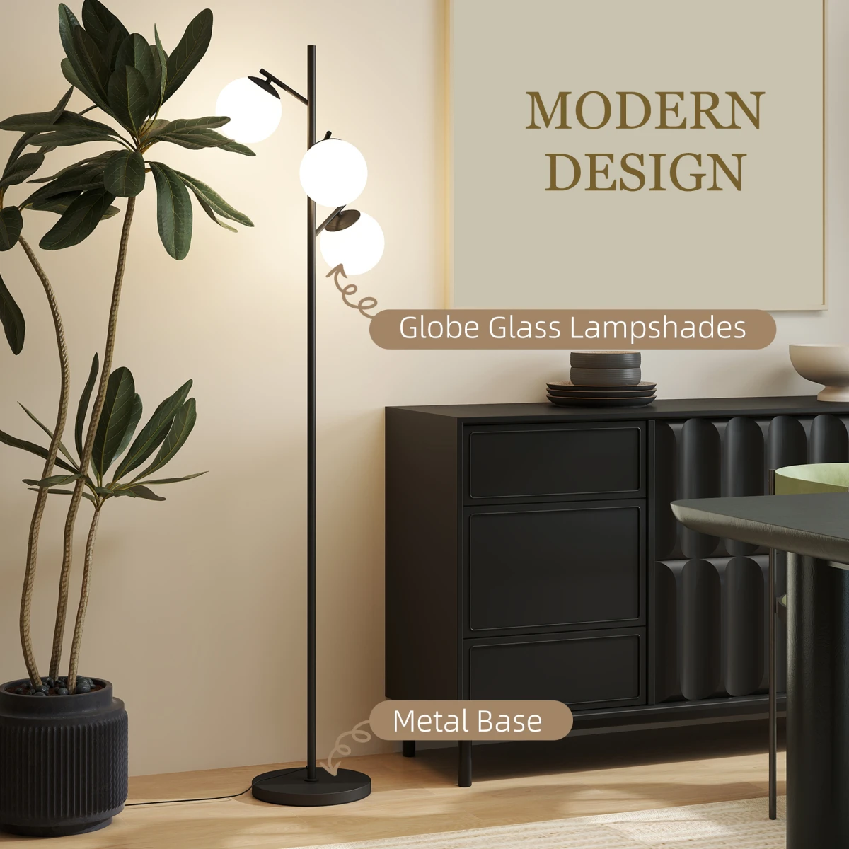 HOMCOM HOMCOM Modern Tree Floor Lamp With Three Glass Globes E27 Base Tall Stand Foot Switch For Living Room And Office - Lamp