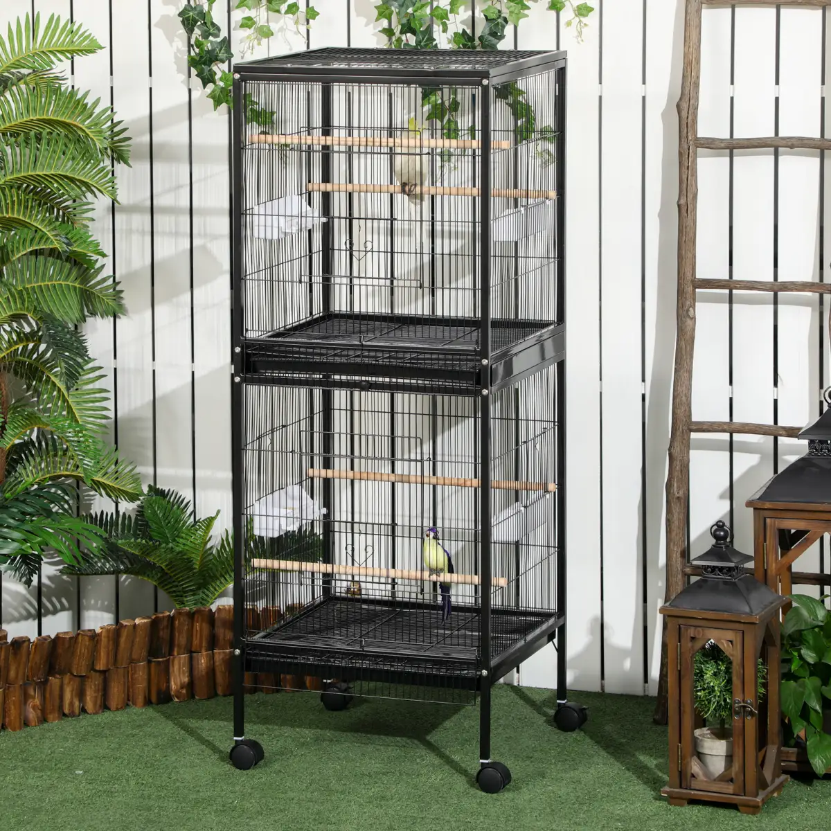 PawHut PawHut 2 In 1 Large Bird Cage Aviary with Wheels, Slide-out Trays Wood Perches - Bird Cage