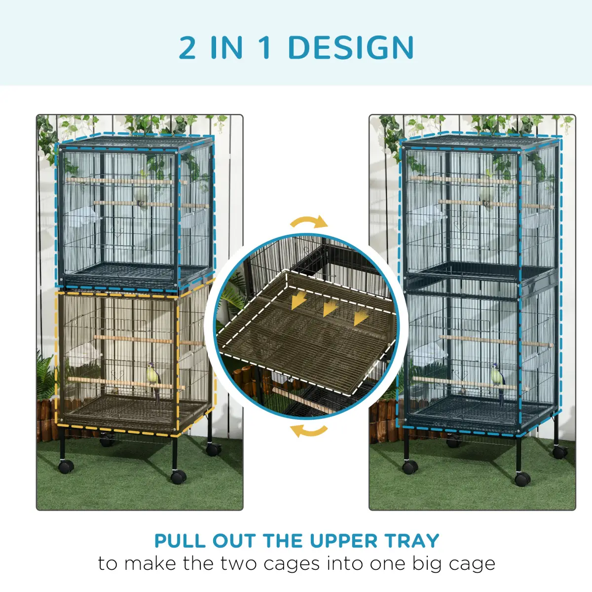 PawHut PawHut 2 In 1 Large Bird Cage Aviary with Wheels, Slide-out Trays Wood Perches - Bird Cage