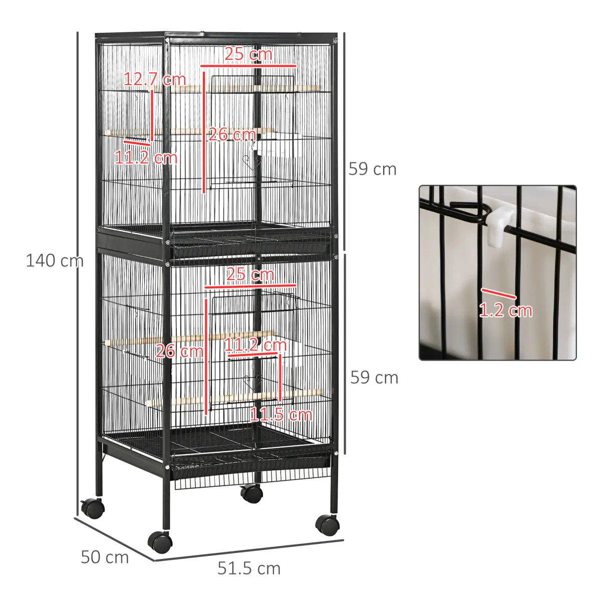PawHut PawHut 2 In 1 Large Bird Cage Aviary with Wheels, Slide-out Trays Wood Perches - Bird Cage