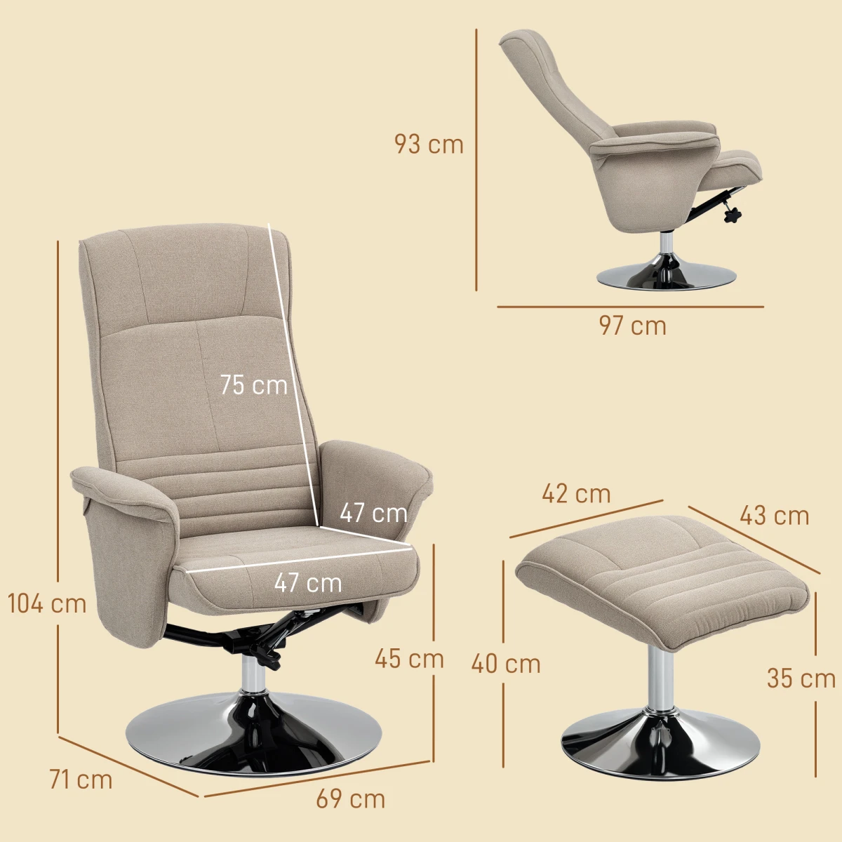 HOMCOM Upholstered Swivel Recliner Std 135 Recline For Home by HOMCOM