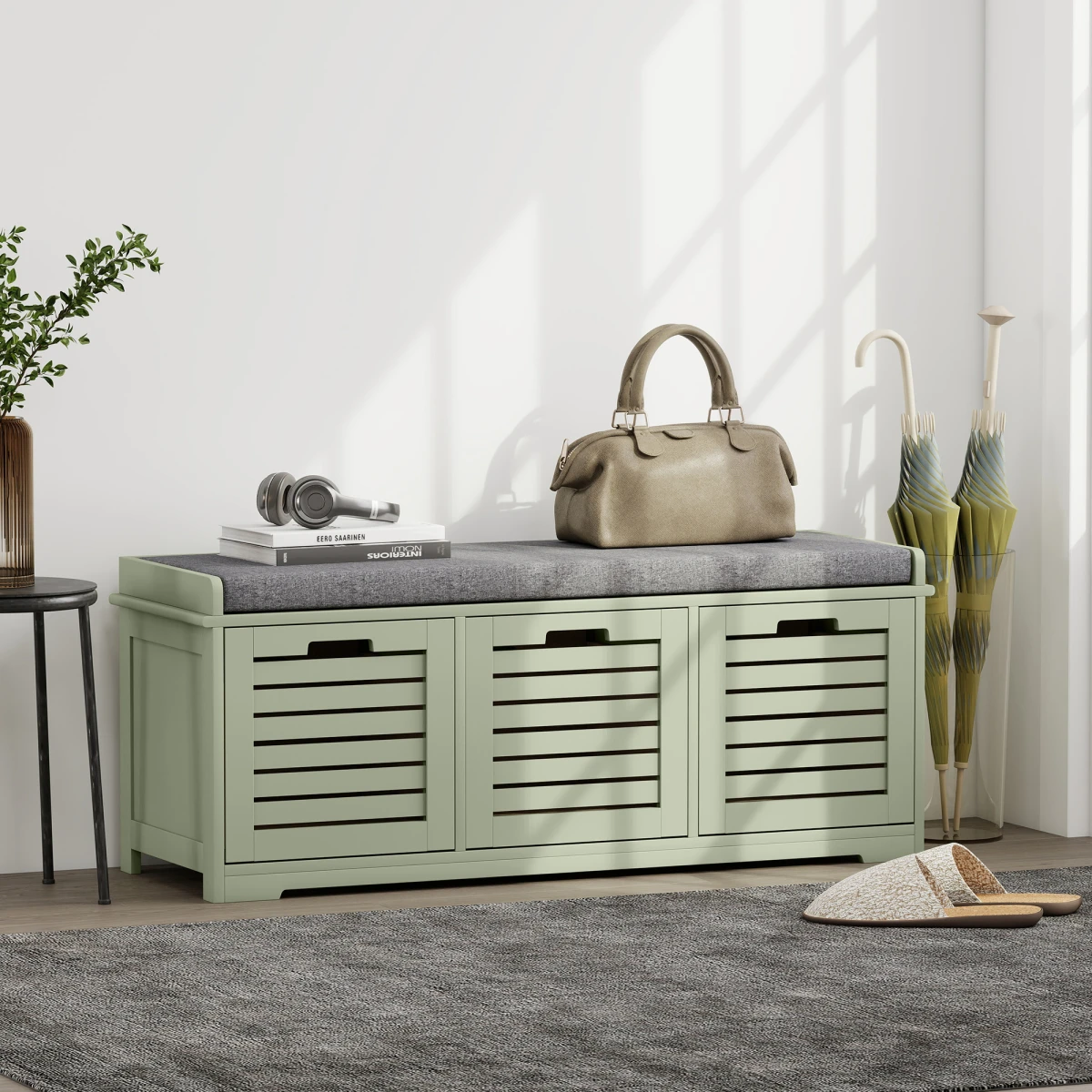 HOMCOM Shoe Storage Bench Medium Cushioned Top Slatted Doors Entryway Organizer For Shoes by HOMCOM