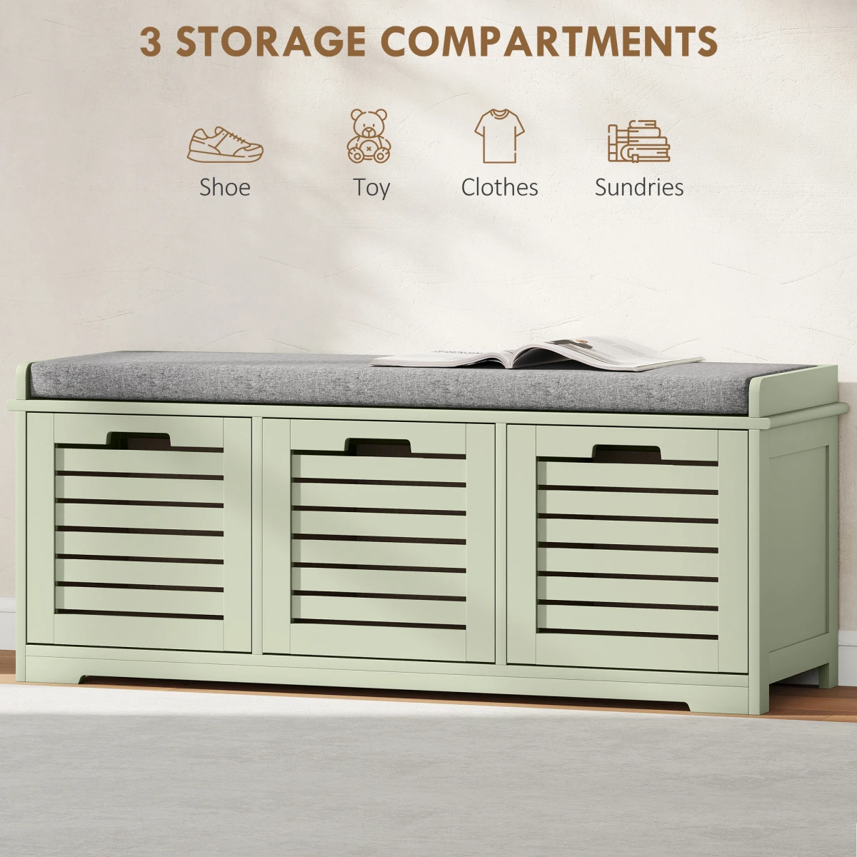 HOMCOM Shoe Storage Bench Medium Cushioned Top Slatted Doors Entryway Organizer For Shoes by HOMCOM