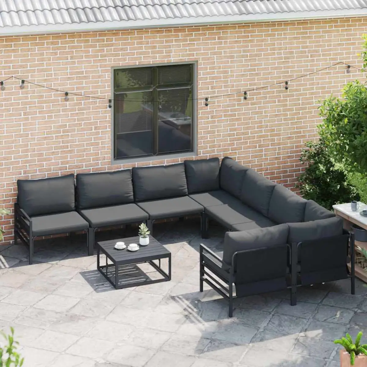 vidaXL vidaXL Garden Sofa Set with Cushion 8 pcs Black Steel - Garden Sofa Sets