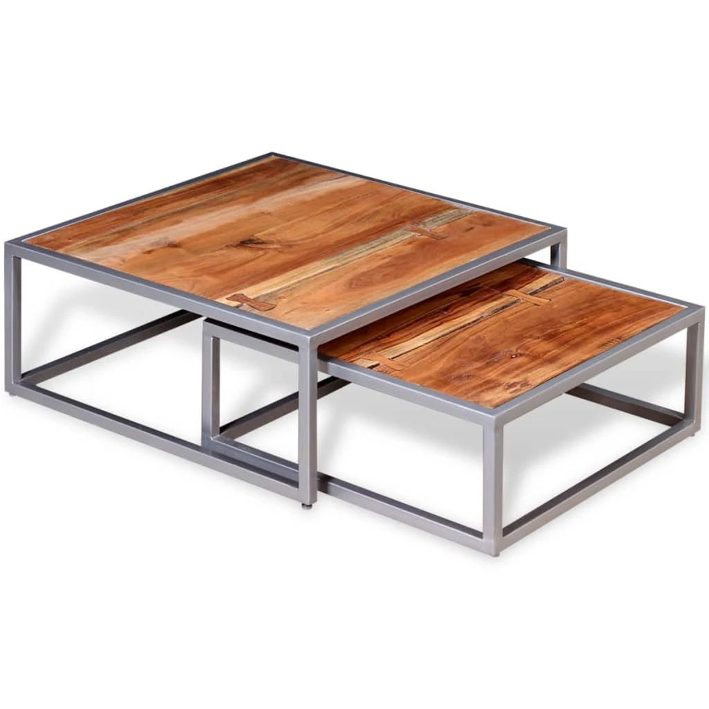 vidaXL VidaXL Two Piece Coffee Table Set Solid Acacia Wood With Black Metal Frame For Living Room Decor - Coffee Table