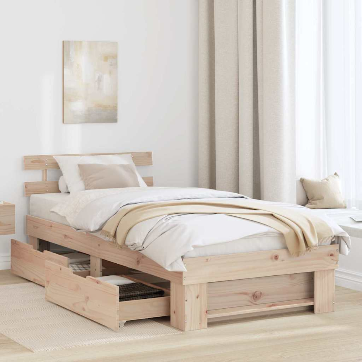 vidaXL Bed Frame with Headboard Natural 100 x 200 cm Solid Pine Wood - from vidaXL