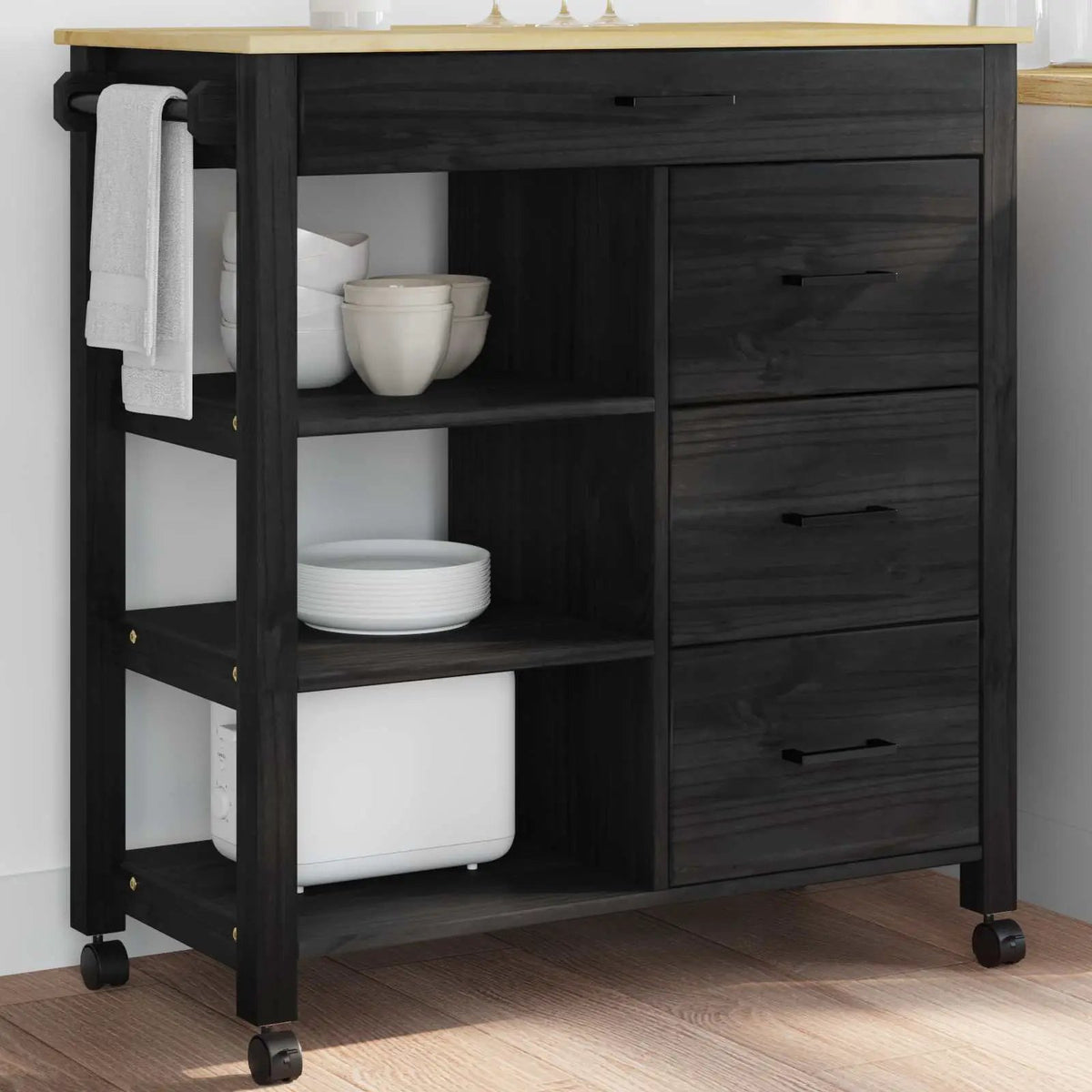 vidaXL Kitchen Trolley MONZA Black 84 x 40 x 88.5 cm Solid Pine Wood - from vidaXL