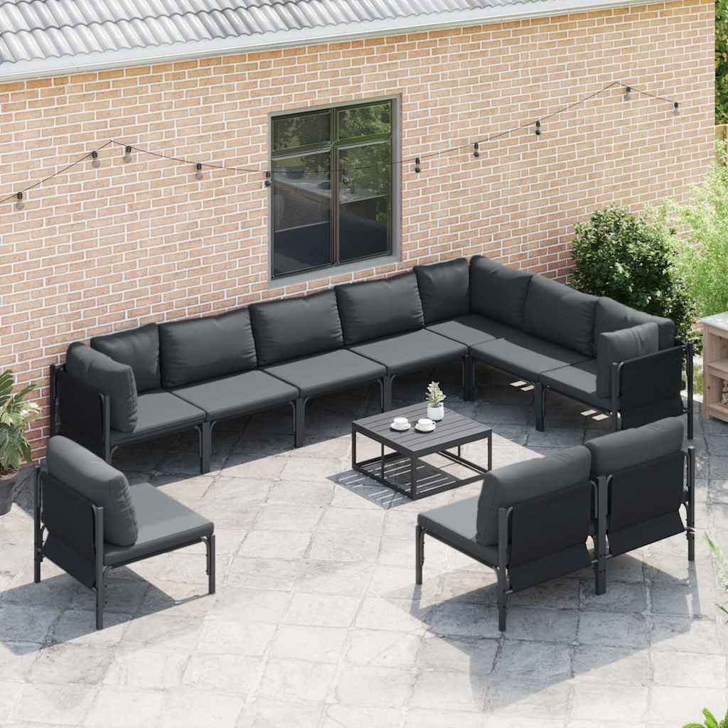 vidaXL vidaXL Garden Sofa Set with Cushion 10 pcs Black Steel - Garden Sofa Sets